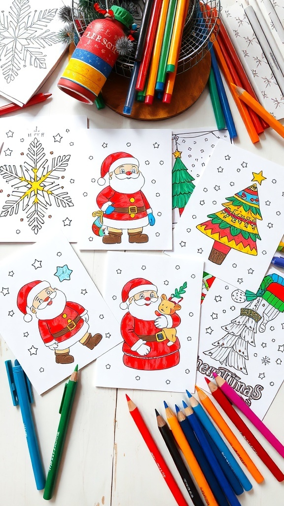 Colorful Christmas cards with festive designs on a table with coloring materials.